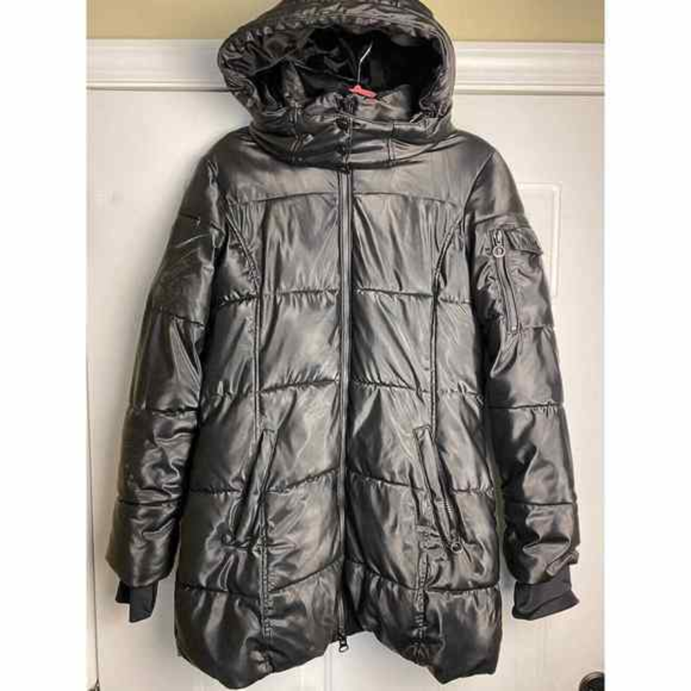 Noize Womens Removable Hood Puffer Coat‎ Long Sleeves Two Way Zip Flap S